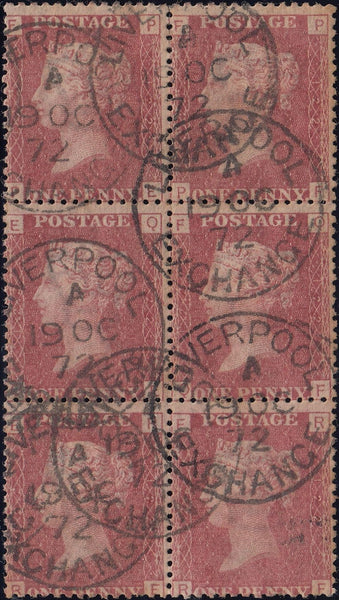 118365 1868 1D PL.122 (SG43) BLOCK OF 6 CDS CANCELLATIONS.