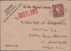 118393 QEII 'O.H.M.S.' MAIL TO LONDON/MARITIME MAIL CANCELLATION/'OVERLAND' HAND STAMP.