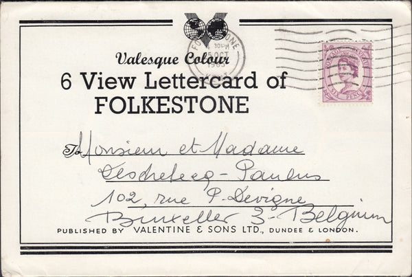 118443 1965 LETTER CARD FOLKESTONE TO BELGIUM.