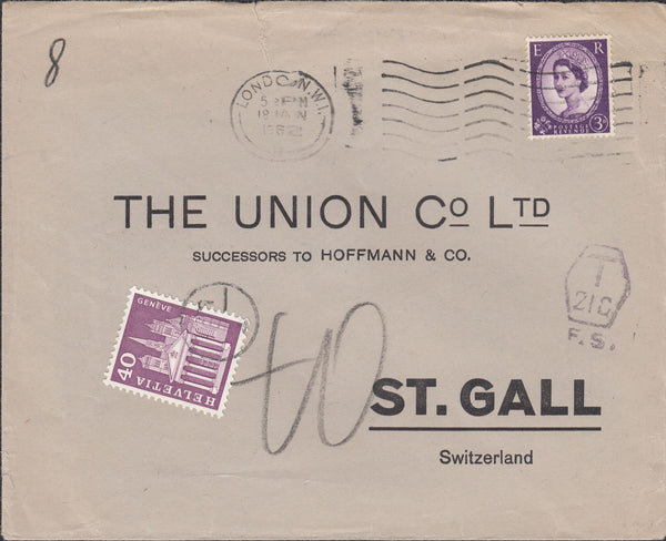 118449 1962 UNDERPAID MAIL LONDON TO ST. GALL SWITZERLAND.