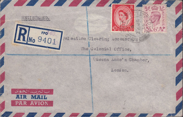 118452 1954 REGISTERED MAIL FIELD POST OFFICE TO LONDON/MIXED REIGNS.