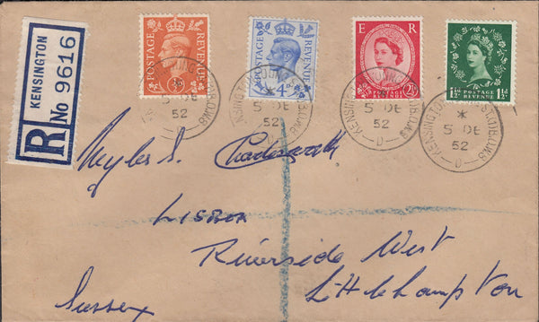 118454 1952 REGISTERED MAIL KENSINGTON TO SUSSEX/MIXED REIGNS.
