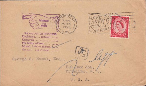 118461 1957 UNDELIVERED MAIL HAMPSTEAD TO USA.