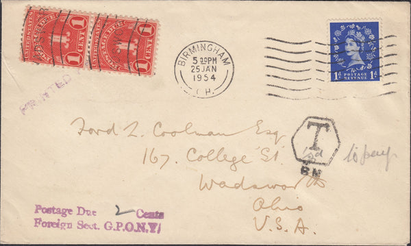 118480 1954 UNDERPAID PRINTED MATTER MAIL BIRMINGHAM TO OHIO USA.