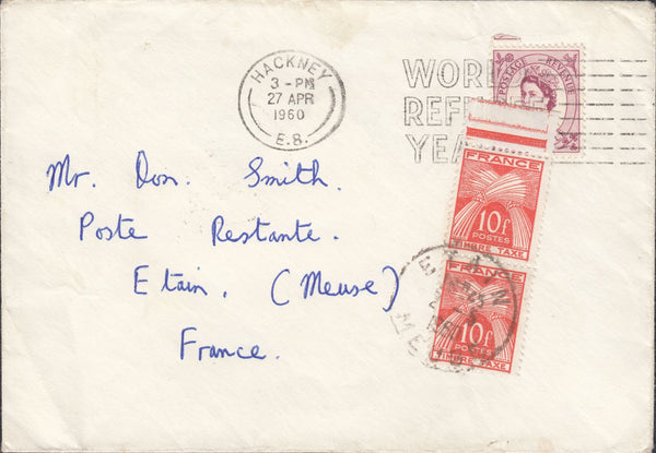 118482 1960 UNDERPAID MAIL HACKNEY TO POSTE RESTANTE IN FRANCE.