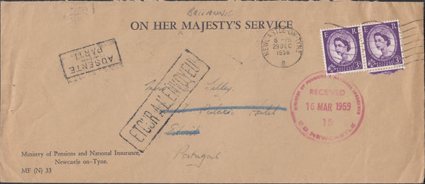 118494 1958 UNDELIVERED MAIL NEWCASTLE-ON-TYNE TO PORTUGAL.