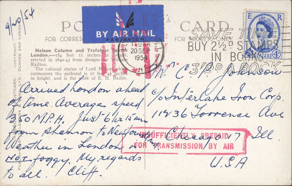 118501 1954 MAIL LONDON TO USA 'INSUFFICIENTLY PREPAID FOR TRANSMISSION BY AIR'.