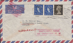 118506 1968 WILDING AND PRE-DECIMAL COMBINATION/INSUFFICIENT AIR MAIL POSTAGE LONDON TO CEYLON.