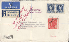118507 1957 UNDERPAID REGISTERED AIR MAIL LITTLEHAMPTON TO USA.