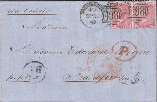 118515 1857 MANCHESTER SPOON TYPE D4a (RA86) ON COVER TO GERMANY.