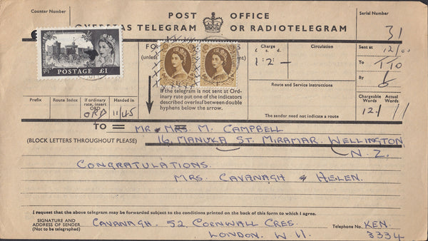 118633 1965 TELEGRAM WITH £1 CASTLE AND 1S WILDINGS.