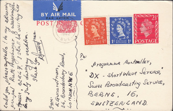 118638 1962 2½D CARMINE POST CARD UPRATED TO SWITZERLAND.