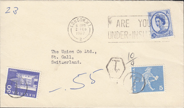 118699 1967 UNDERPAID MAIL LONDON TO ST. GALL SWITZERLAND.