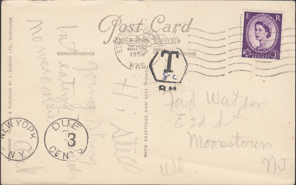 118705 1959 UNDERPAID MAIL STRATFORD-ON-AVON TO USA.