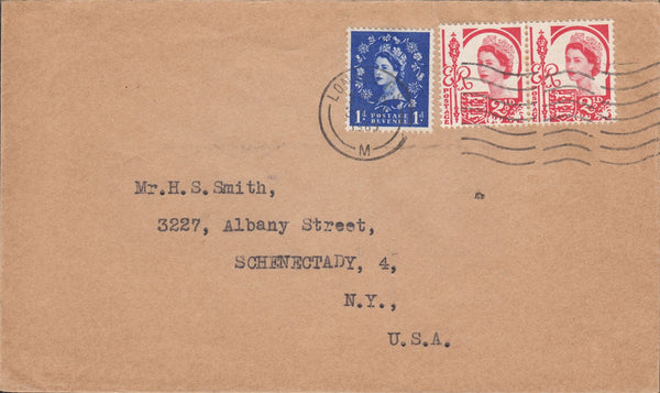 118719 1967 MAIL LONDON TO USA WITH COMBINATION WILDING AND JERSEY ISSUES.