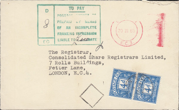 118758 1966 SURCHARGED MAIL DUE TO INCOMPLETE FRANKING IMPRESSION.