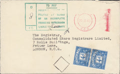 118758 1966 SURCHARGED MAIL DUE TO INCOMPLETE FRANKING IMPRESSION.