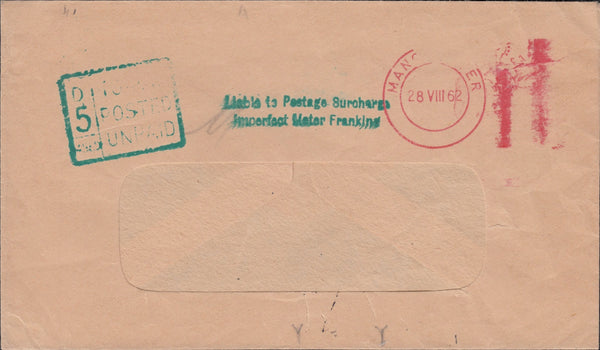 118766 1962 SURCHARGED MAIL DUE TO INCOMPLETE FRANKING IMPRESSION.