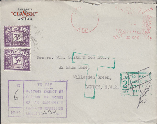 118767 1961 SURCHARGED MAIL DUE TO INCOMPLETE FRANKING IMPRESSION.