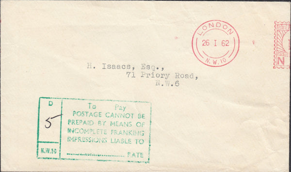 118770 1962 SURCHARGED MAIL DUE TO INCOMPLETE FRANKING IMPRESSION.