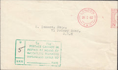 118770 1962 SURCHARGED MAIL DUE TO INCOMPLETE FRANKING IMPRESSION.