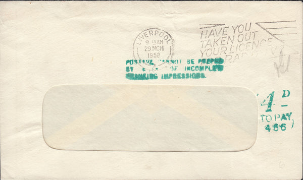 118771 1958 SURCHARGED MAIL DUE TO INCOMPLETE FRANKING IMPRESSION.