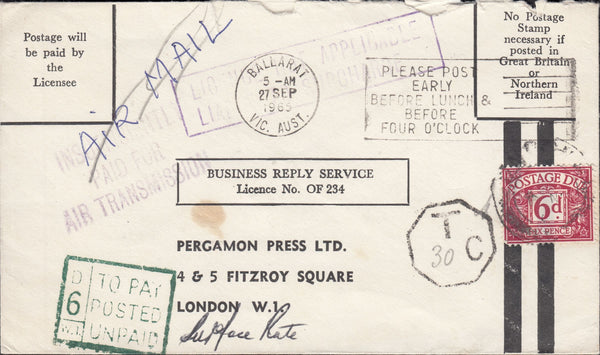 118773 1965 SURCHARGED MAIL/'BUSINESS REPLY SERVICE' PRINTED ENVELOPE USED FROM OVERSEAS.