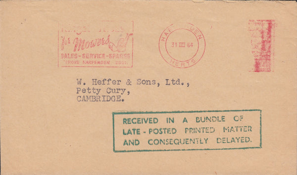 118774 1964 MAIL HARPENDEN TO CAMBRIDGE/'RECEIVED IN A BUNDLE OF LATE-POSTED PRINTED MATTER AND CONSEQUENTLY DELAYED' CACHET.