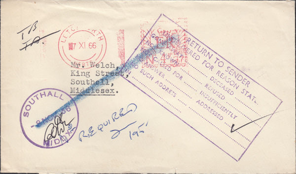 118775 1966 METER MAIL LETCHWORTH TO SOUTHALL, MIDDLESEX/RETURNED TO SENDER.