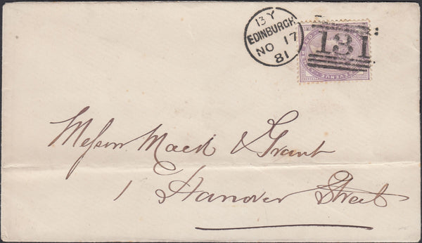 118963 1881 1D LILAC 14 DOTS (SG170/171) ON COVER USED IN EDINBURGH.