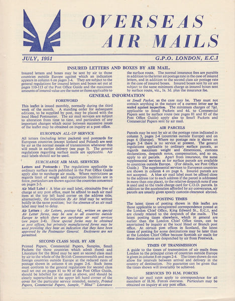 119401 1951 'OVERSEAS AIR MAILS' G.P.O. PAMPHLET.
