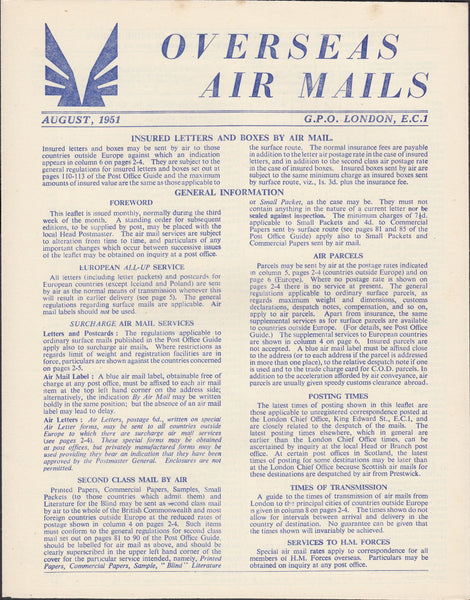 119404 1951 'OVERSEAS AIR MAILS' G.P.O. PAMPHLET.