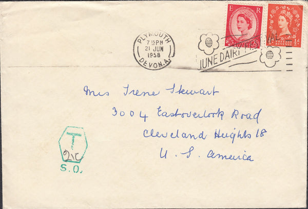 119432 1958 UNDERPAID MAIL PLYMOUTH TO USA.