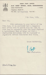119436 1952 LETTER HEAD POST OFFICE KELSO TO G. J. KING RE. TEMPORARY CANCELLATION AT THE ROYAL HIGHLAND AND AGRICULTURAL SHOW.