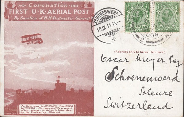 119442 1911 FIRST OFFICIAL U.K. AERIAL POST/LONDON POST CARD IN RED-BROWN TO SWITZERLAND.