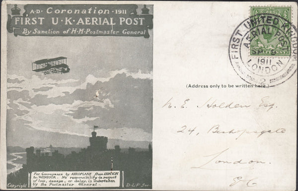 119454 1911 FIRST OFFICIAL U.K. AERIAL POST/LONDON ENVELOPE IN OLIVE GREEN.