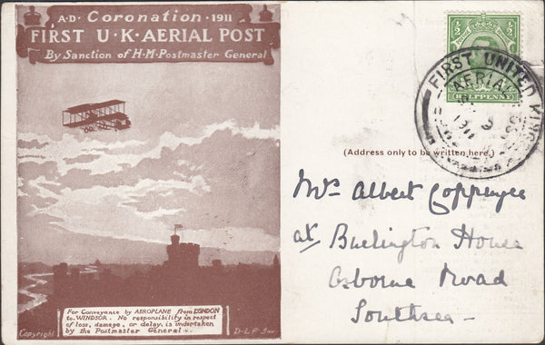119458 1911 FIRST OFFICIAL U.K. AERIAL POST/LONDON POST CARD IN DARK BROWN.