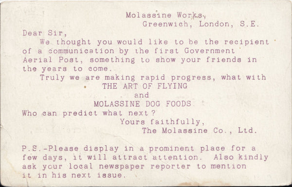 119459 1911 FIRST OFFICIAL U.K. AERIAL POST/LONDON POST CARD IN OLIVE GREEN/'MOLASSINE COMPANY' ADVERT.