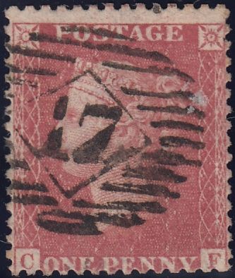 119507 1856-57 1D PL.27 MATCHED PAIR LETTERED CF ON BLUED PAPER (SG29) AND WHITE PAPER (SG40).