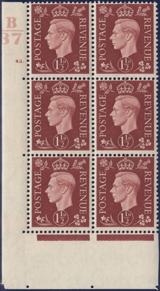 119525 1937 KGVI 1½D RED-BROWN (SG464) CYLINDER 42 DOT CONTROL B/37 BLOCK OF SIX.