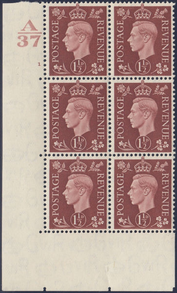 119526 1937 KGVI 1½D RED-BROWN (SG464) CYLINDER 1 CONTROL A/37 BLOCK OF SIX.