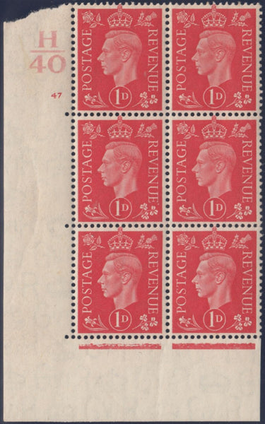 119529 1940 KGVI 1D SCARLET (SG463) CYLINDER 47 CONTROL H/40 BLOCK OF SIX.