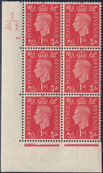 119531 1941 KGVI 1D SCARLET (SG463) CYLINDER 48 DOT CONTROL I/41 BLOCK OF SIX.