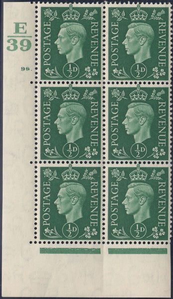 119534 1939 KGVI ½D GREEN (SG462) CYLINDER 98 DOT CONTROL E/39 BLOCK OF SIX STATE I.