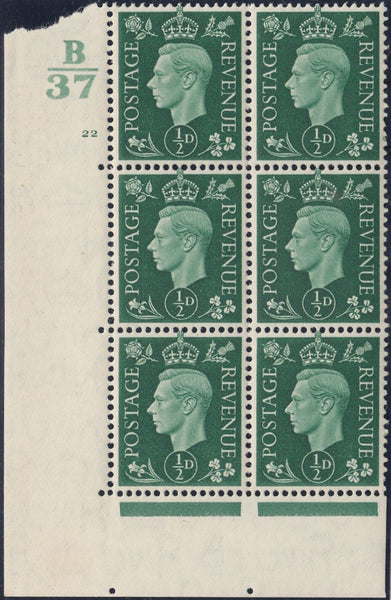 119537 1937 KGVI ½D GREEN (SG462) CYLINDER 22 CONTROL B/37 BLOCK OF SIX.