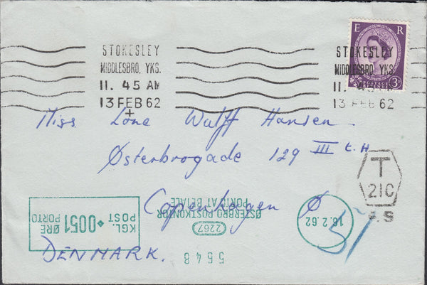 119548 1962 UNDERPAID MAIL STOKESLEY (YORKS) TO DENMARK).