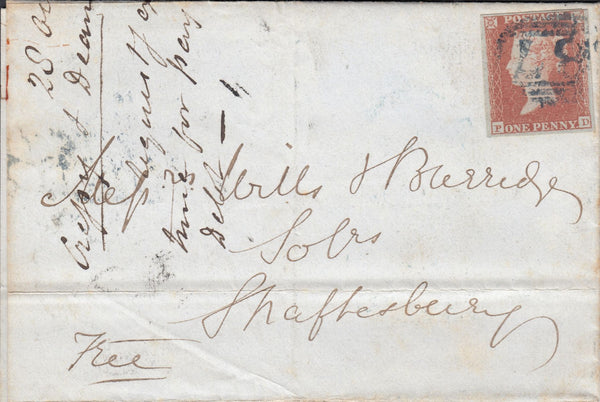119654 1851 '87' NUMERAL OF BLANDFORD IN BLUE ON COVER/SHAFTESBURY PENNY POST.