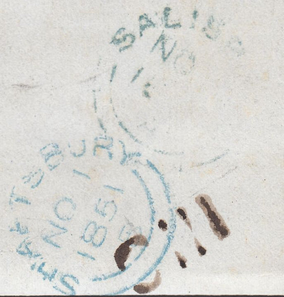 119654 1851 '87' NUMERAL OF BLANDFORD IN BLUE ON COVER/SHAFTESBURY PENNY POST.