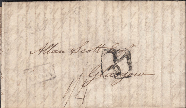 119667 1821 MAIL NETHERBURY (DORSET) TO GLASGOW/'BRIDPORT PENNY POST' HAND STAMP (DT118) AND SCOTTISH '½' HAND STAMP.