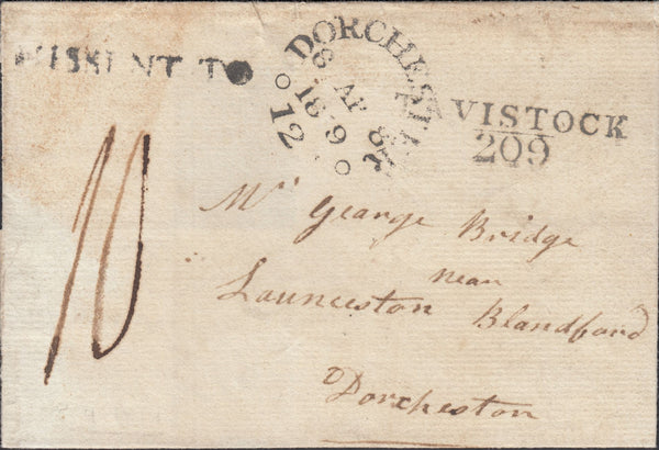 119789 1819 MAIL TAVISTOCK TO BLANDFORD MISSENT TO DORCHESTER.